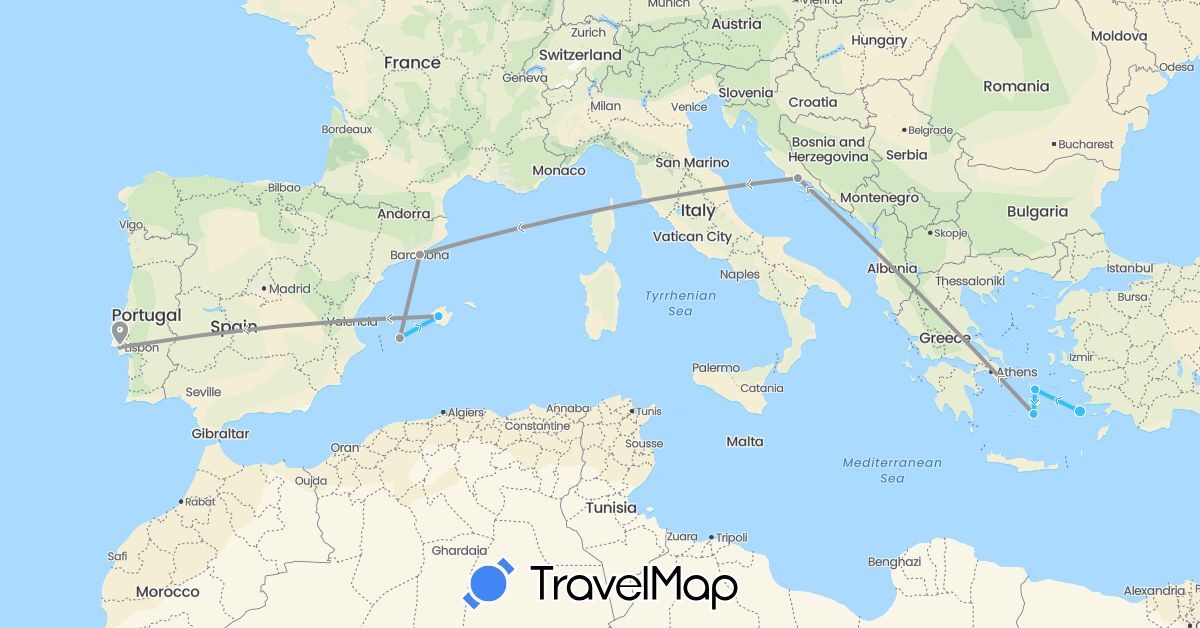 TravelMap itinerary: driving, plane, boat in Spain, Greece, Croatia, Portugal (Europe)